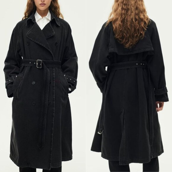 Zara ZW Collection Denim Black Double Breasted Belted Trench Coat